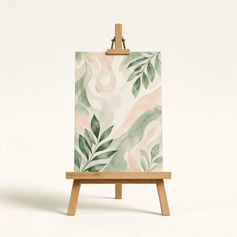 A frameless printed board resting on a natural wood easel; choose the printed PVC board option.
