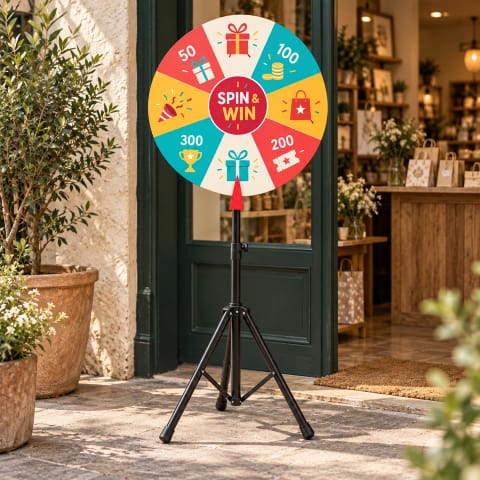 Illustrative use: a printed prize wheel on a tripod at a shop promotion.