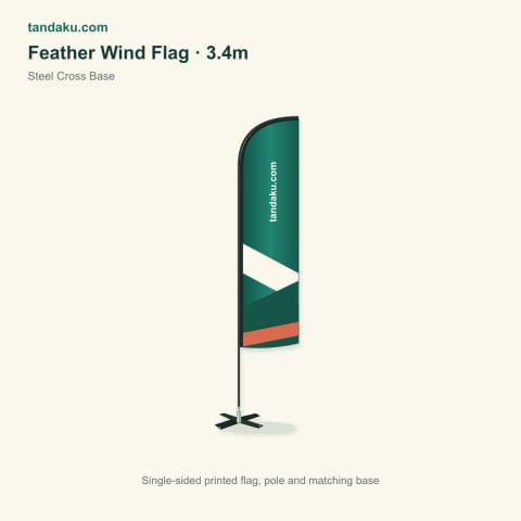 Feather Wind Flags · 3.4m & 5m — Feather-shaped flags with a steel cross base or water base. Four fabric choices, single-sided printing, complete sets or separate printing and stands.