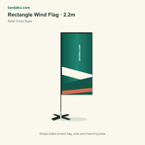 Rectangle Wind Flags · 2.2m, 3.3m & 4.4m — Straight rectangular flags with a steel cross base. Four fabrics, single-sided printing, complete sets or separate printing and stands.