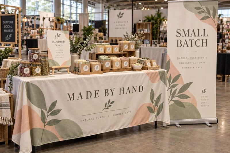 Small businesses: Show what you sell with a draped fabric sign, a small menu board and labels for your packaging.