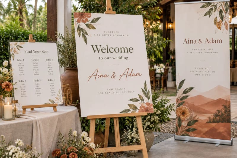 Weddings: Guide your guests with a welcome board, seating chart and a matching entrance display.
