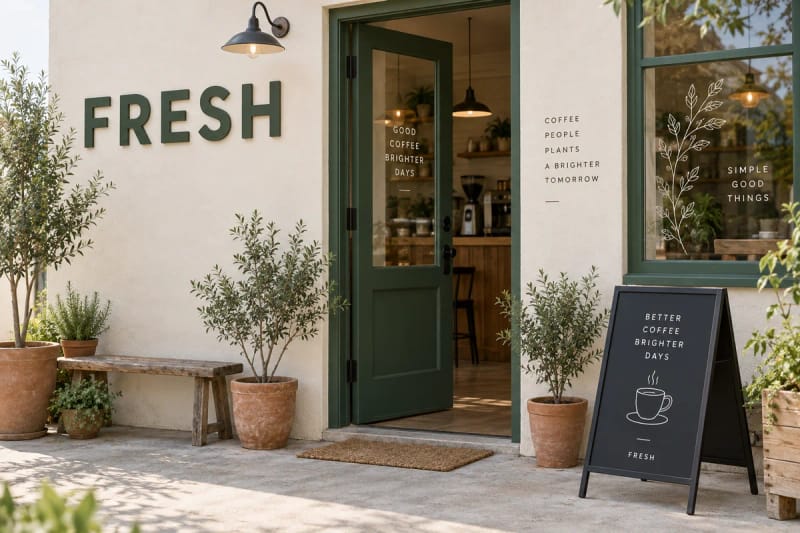 Cafes & shopfronts: Pair raised lettering with an A-frame menu and window graphics so customers can spot your shop and see what you sell.