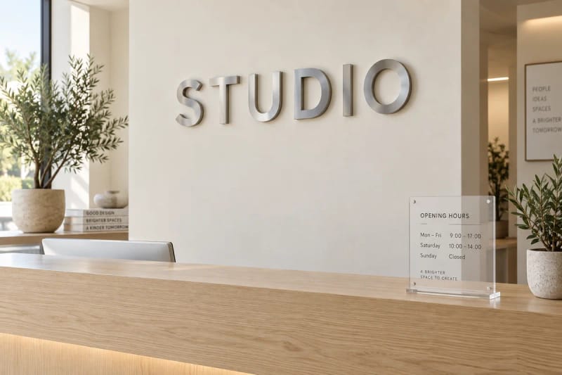 Reception walls: Raised metal lettering gives the reception wall a clear identity. Add a small acrylic information sign at the counter.