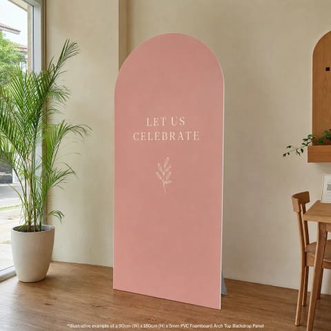 AI-generated example: printed PVC board backdrop in an indoor setting. Shape cutting and support are selectable; decor is not included.