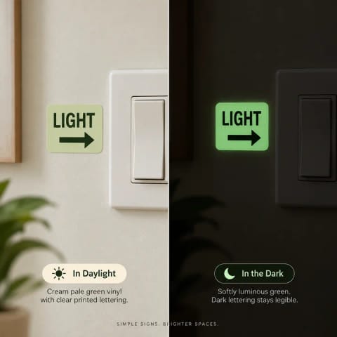 Illustrative use: a glow sticker helps locate a light switch in a dim room.