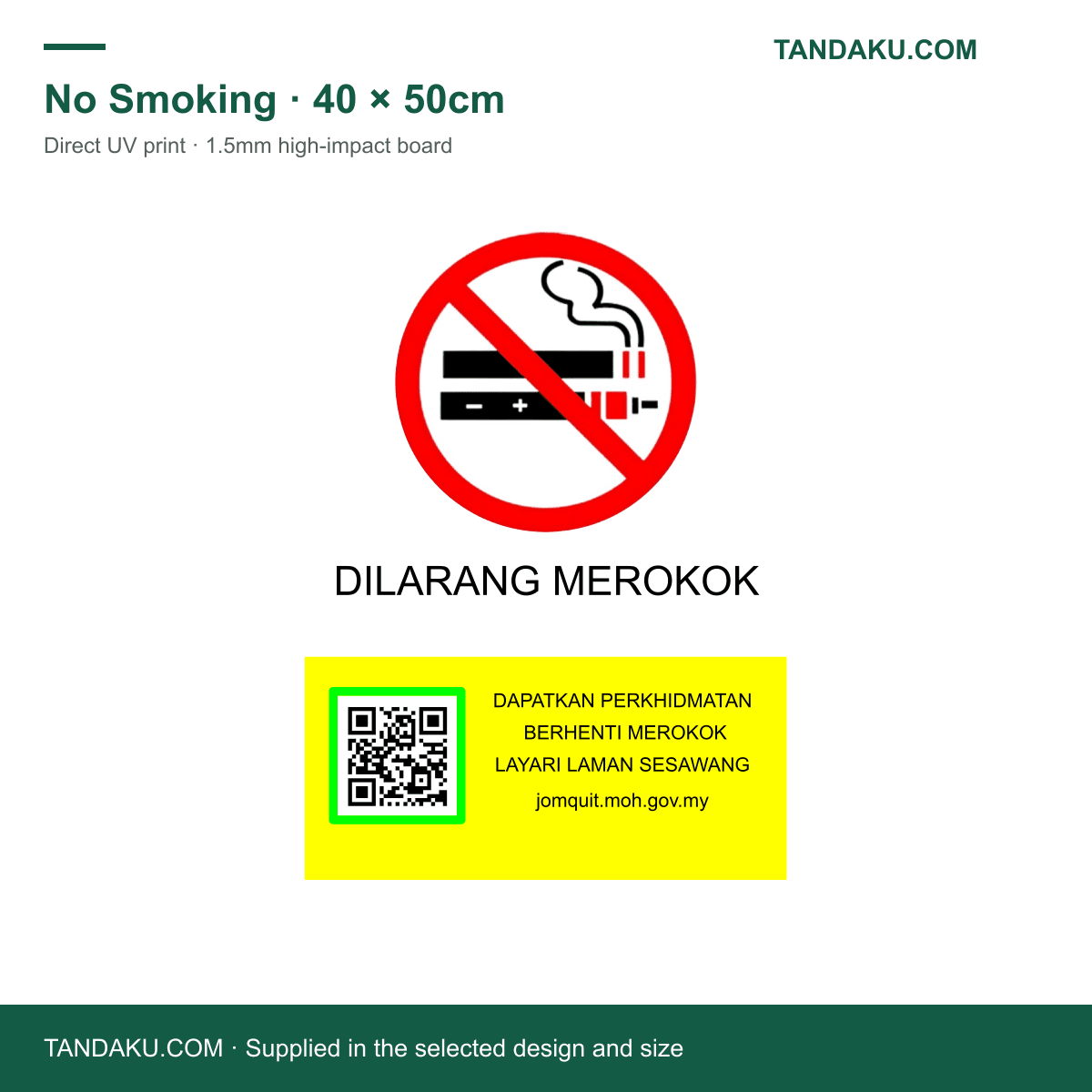 Tandaku.com No Smoking No Vaping Signboard | Dilarang Merokok | UV Print 1.5mm Board — 2025 No Smoking variation