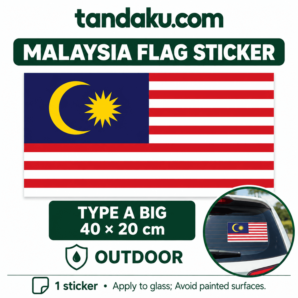 Tandaku.com Malaysia Flag Car Stickers | Merdeka Jalur Gemilang Window Decal Indoor Outdoor 4 Shapes — A - Big (Outdoor) variation