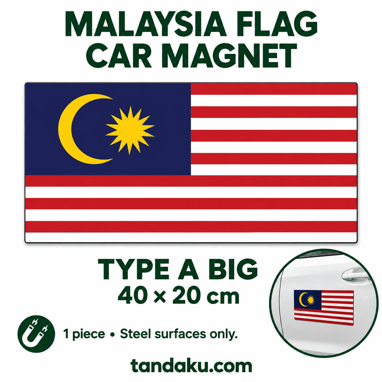 Tandaku.com Malaysia Flag Car Magnet | Removable Merdeka Jalur Gemilang 4 Shapes Small Big — A - Big variation