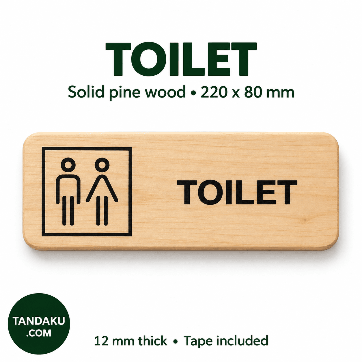 Tandaku.com Pine Wood Door Sign 22x8cm | 12mm Solid Wood Toilet Staff Only Office Signage — TOILET variation