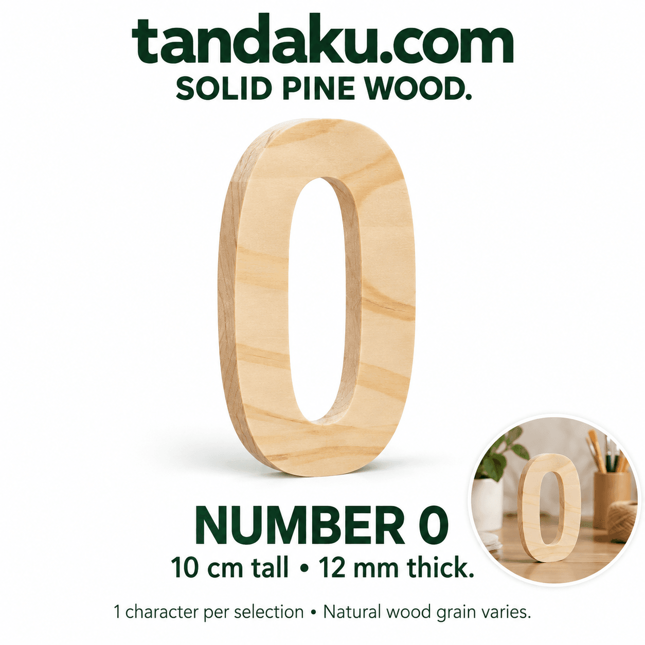 Tandaku.com Solid Pine Wood Letters Numbers 10cm | 12mm Thick A-Z 0-9 DIY Name Decor — 0 variation