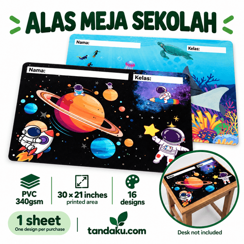 Tandaku.com Alas Meja Sekolah 30x21 Inci PVC 340gsm | Student Desk Cover Space Sea Learning Designs
