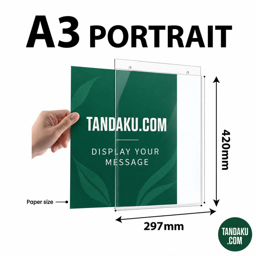Tandaku.com Acrylic Wall Sign Holder with Screws A5 A4 A3 | Clear Menu & Certificate Display — A3 Portrait variation