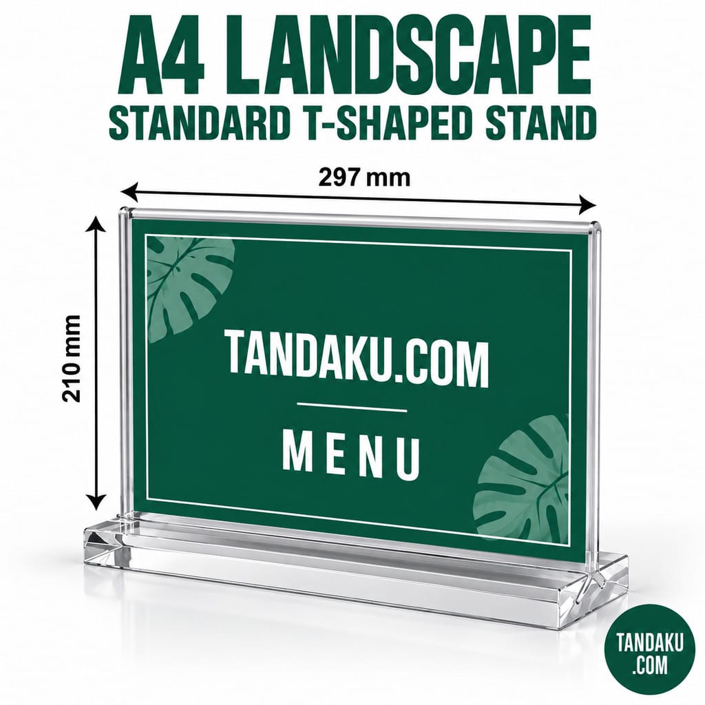Tandaku.com T-Shape Acrylic Display Stand A4 A5 A6 | Clear Menu QR Holder Portrait Landscape — A4 (Landscape) variation