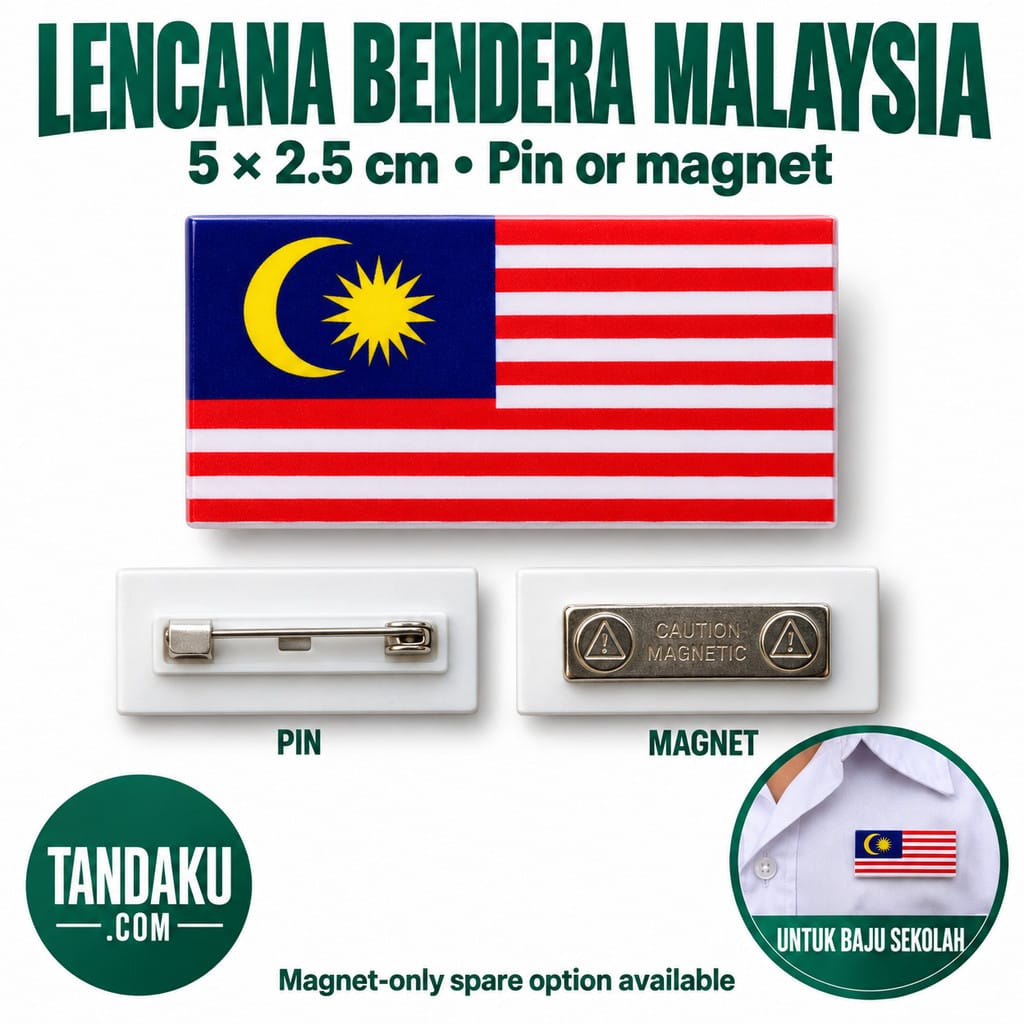 Tandaku.com Lencana Bendera Malaysia Pin Magnet 5x2.5cm | Non-Epoxy Badge & Spare Magnet