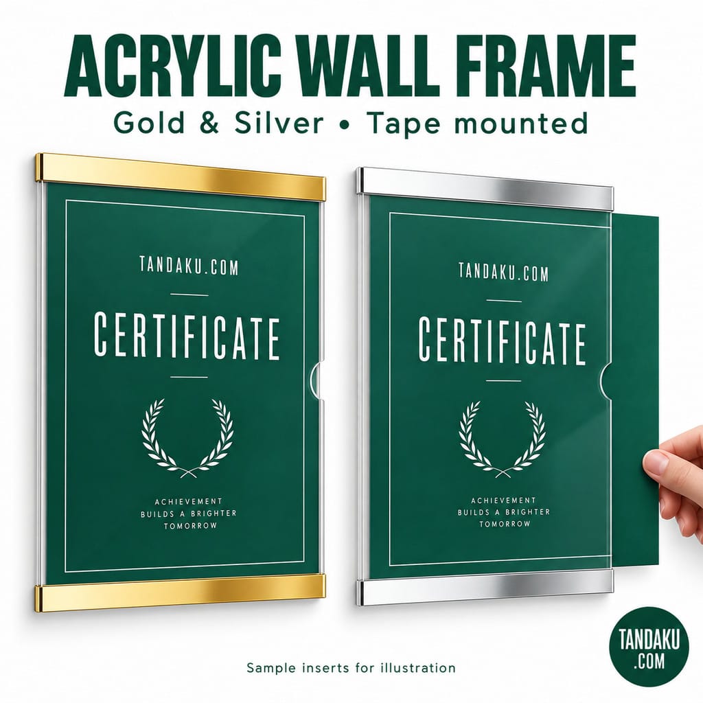 Tandaku.com Gold Silver Acrylic Wall Frame A5 A4 A3 | Tape Mount Certificate Holder Bingkai Sijil