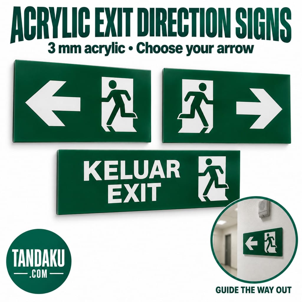 Tandaku.com Acrylic Exit Direction Sign 3mm | Arrow 30x15cm & Keluar Exit 40x15cm