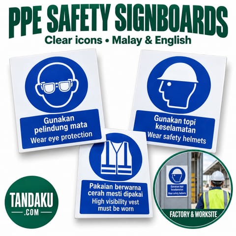 Tandaku.com PPE Safety Signboard | Wear Helmet Eye Protection Vest | Papan Tanda Keselamatan