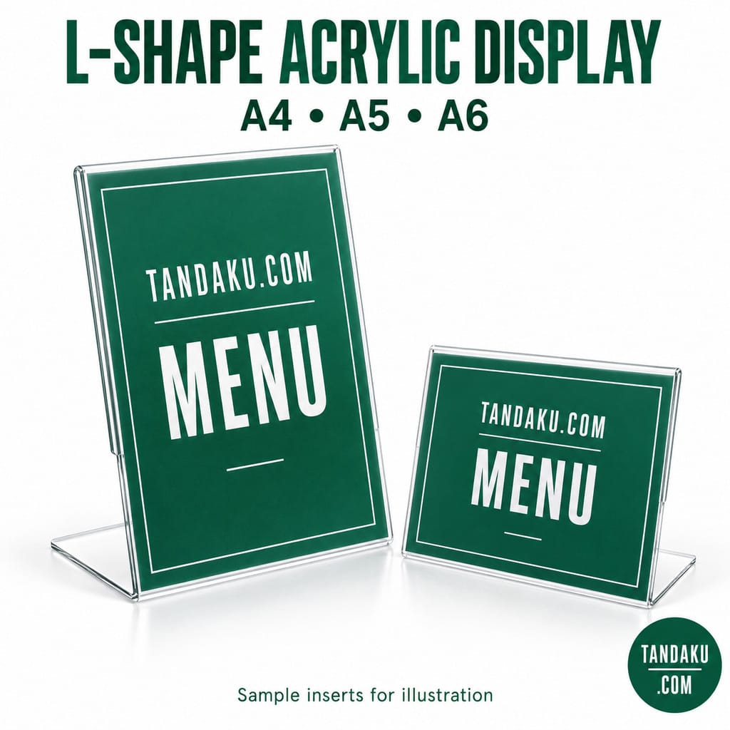 Tandaku.com L-Shape Acrylic Menu Holder A4 A5 A6 | Clear Tabletop QR Display & Mini Price Tag Stand