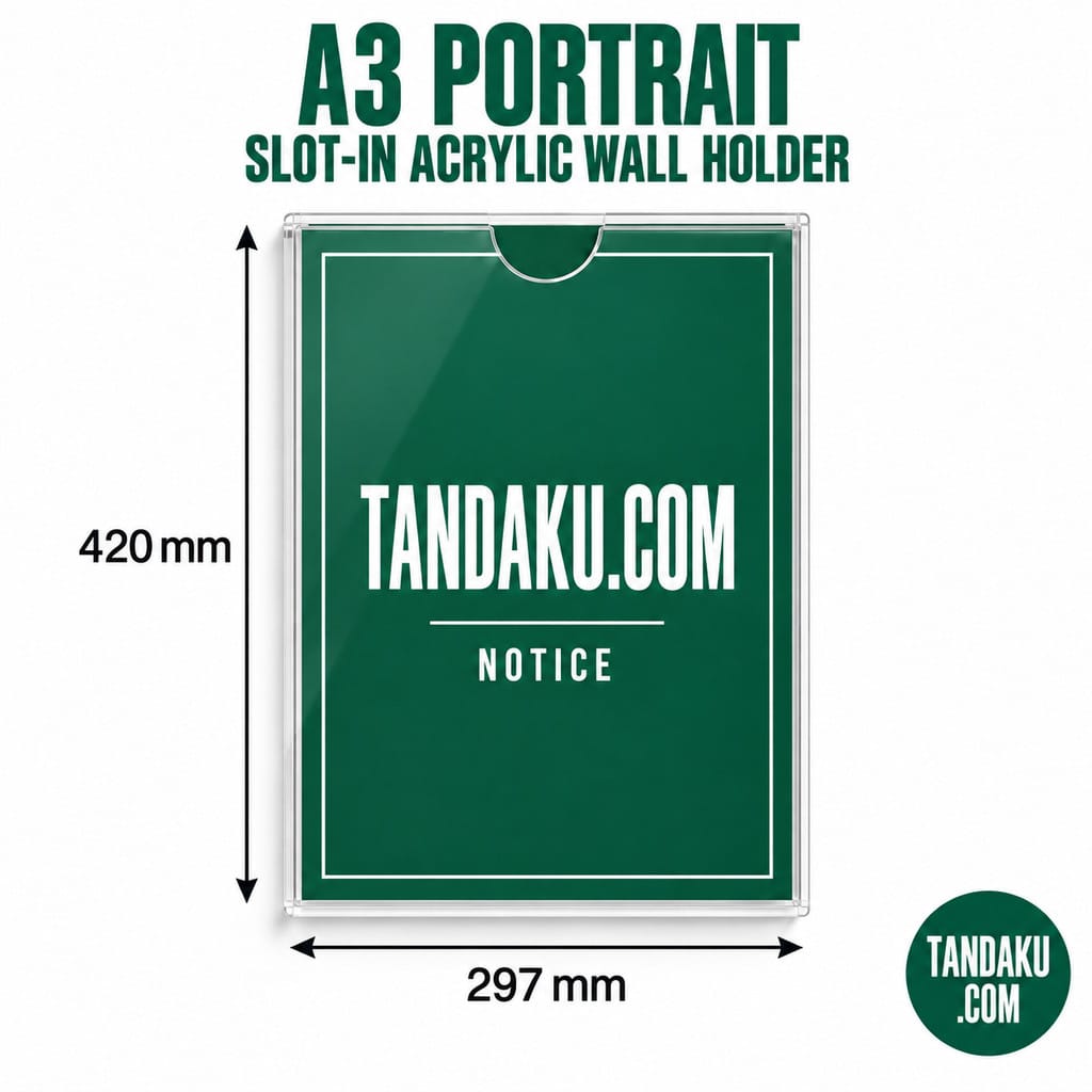 Tandaku.com Clear Acrylic U-Slot Wall Holder A3 A4 A5 | Slide-In Menu Document & Certificate Frame — A3 Portrait variation