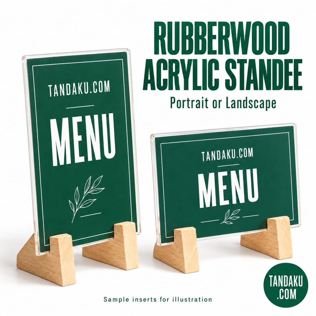 Tandaku.com Rubberwood Acrylic Menu Stand A6 A5 A4 A3 | Portrait Landscape Tabletop Sign Holder