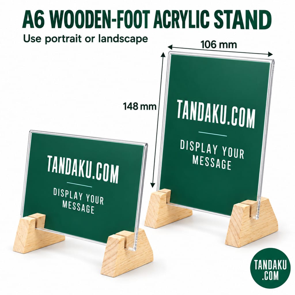 Tandaku.com Rubberwood Acrylic Menu Stand A6 A5 A4 A3 | Portrait Landscape Tabletop Sign Holder — A6 variation