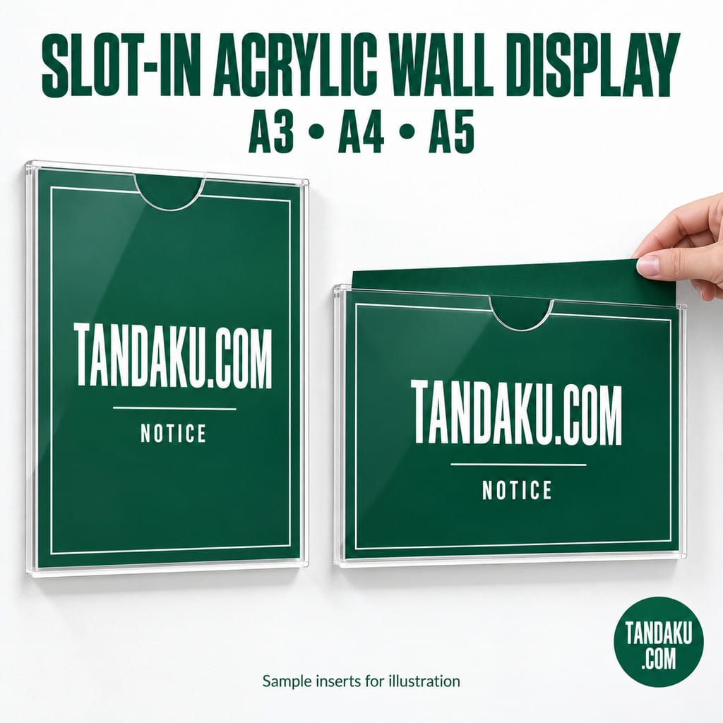 Tandaku.com Clear Acrylic U-Slot Wall Holder A3 A4 A5 | Slide-In Menu Document & Certificate Frame