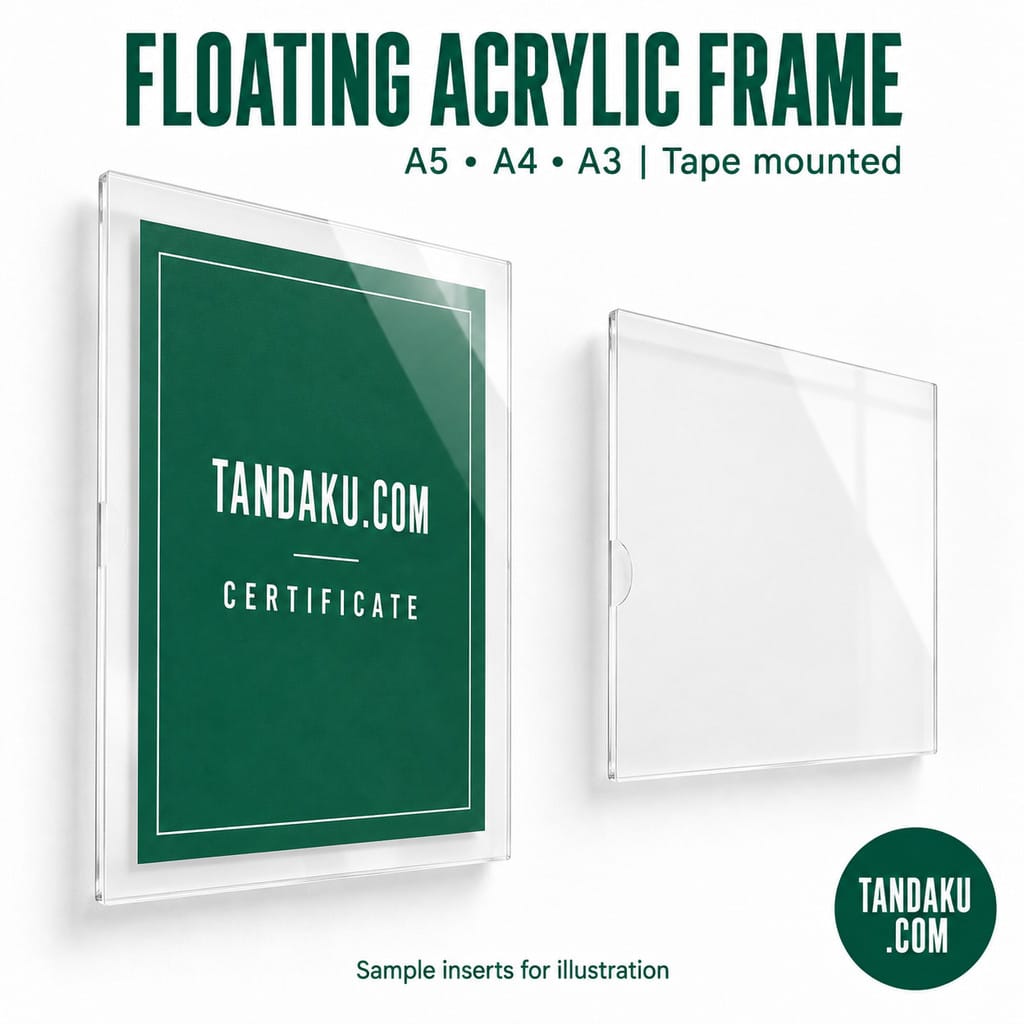 Tandaku.com Thin Clear Acrylic Floating Wall Frame A5 A4 A3 | Tape Mount Certificate & Menu Holder
