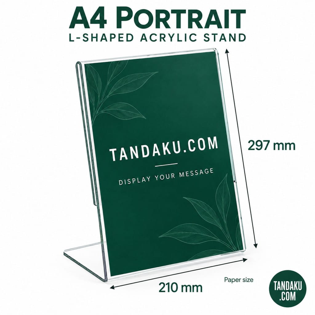 Tandaku.com L-Shape Acrylic Menu Holder A4 A5 A6 | Clear Tabletop QR Display & Mini Price Tag Stand — A4 (Vertical) variation