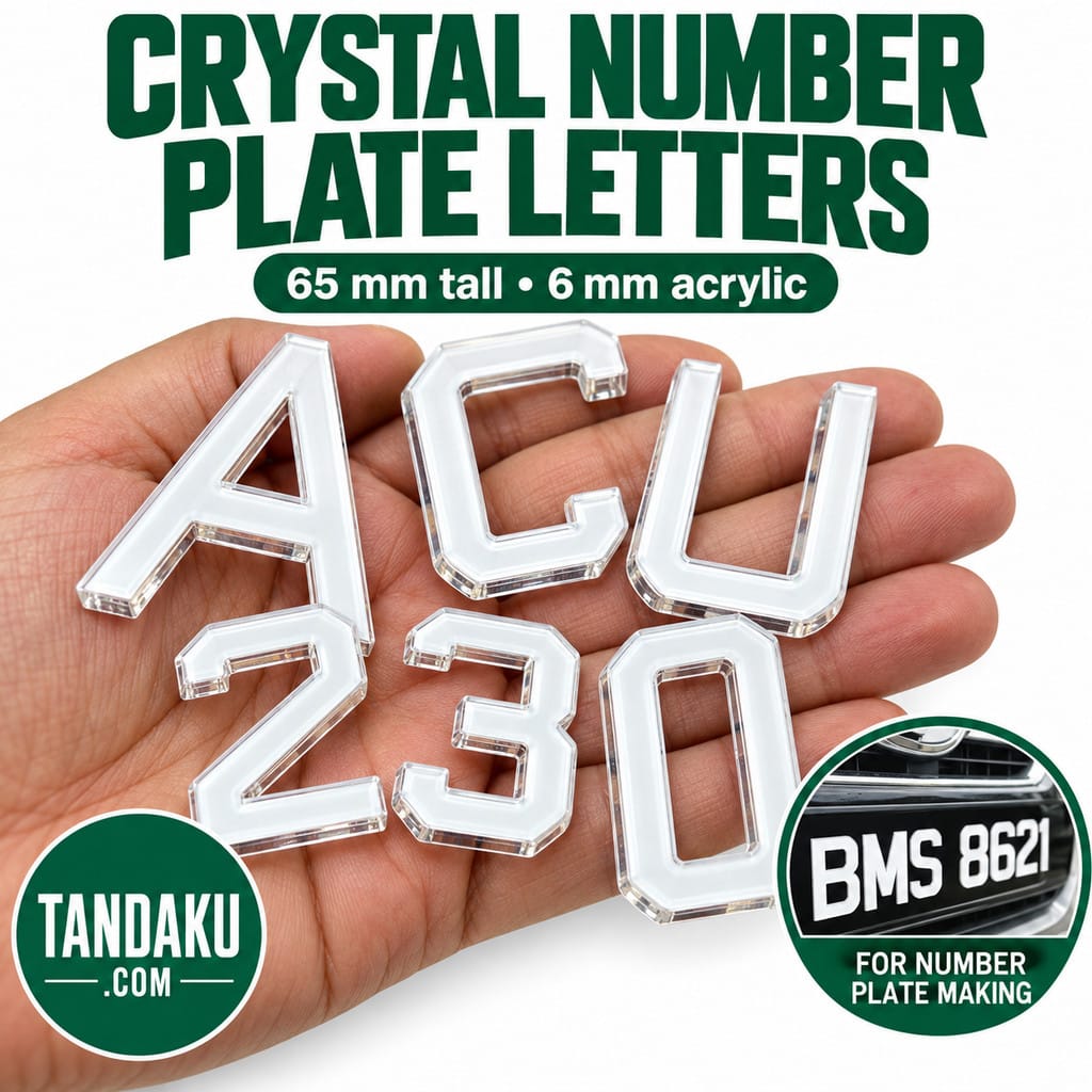 Tandaku.com 3D Crystal Acrylic Car Plate Letters A-Z 0-9 | 6mm Thick 65mm Height | Per Character