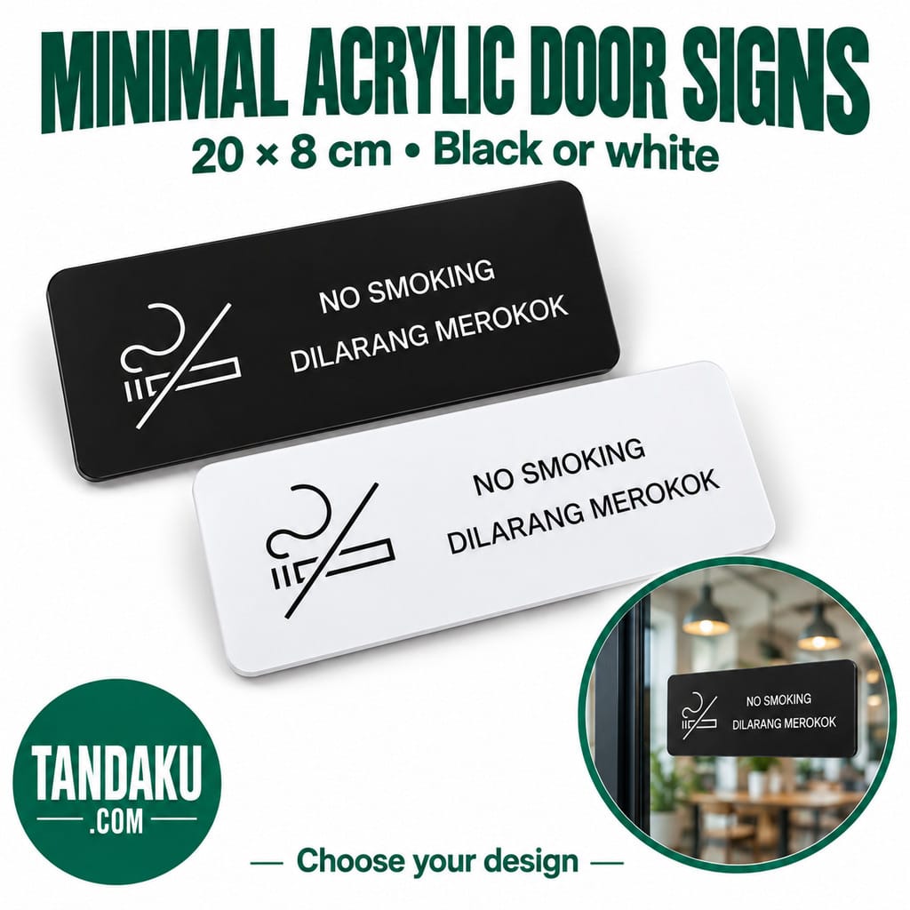 Tandaku.com Minimal Acrylic Door Sign 20x8cm | Black White No Smoking Toilet Office Cafe Signs