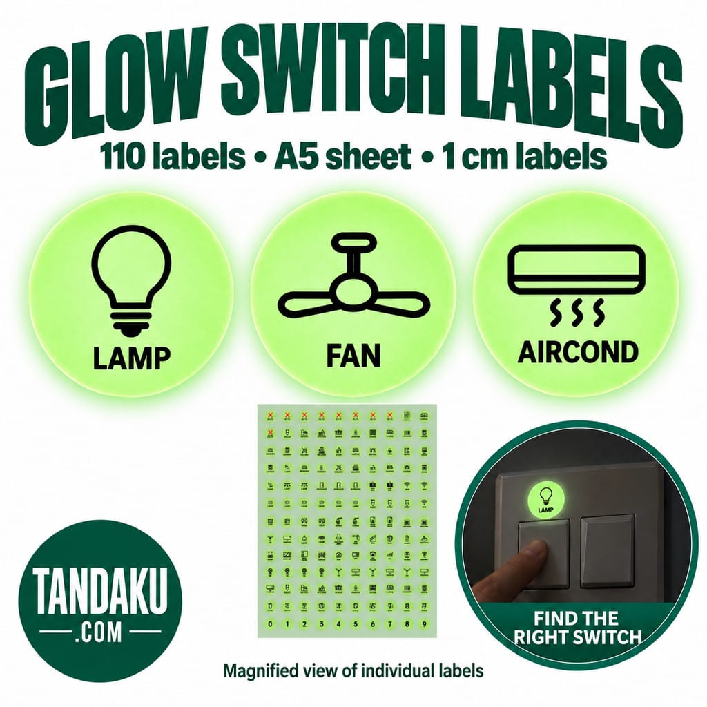 Tandaku.com Glow in the Dark Switch Labels 110pcs A5 Sheet | Luminous Appliance Icon Stickers