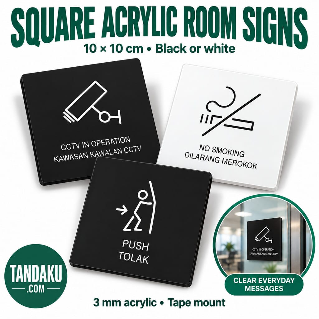 Tandaku.com Minimal Square Acrylic Sign 10x10cm | Black White Room Toilet CCTV No Smoking