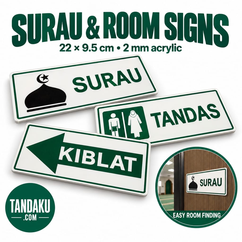 Tandaku.com Surau Tandas Kiblat Wudhu Acrylic Signs | 220x95mm 2mm | Prayer Room Direction Sign
