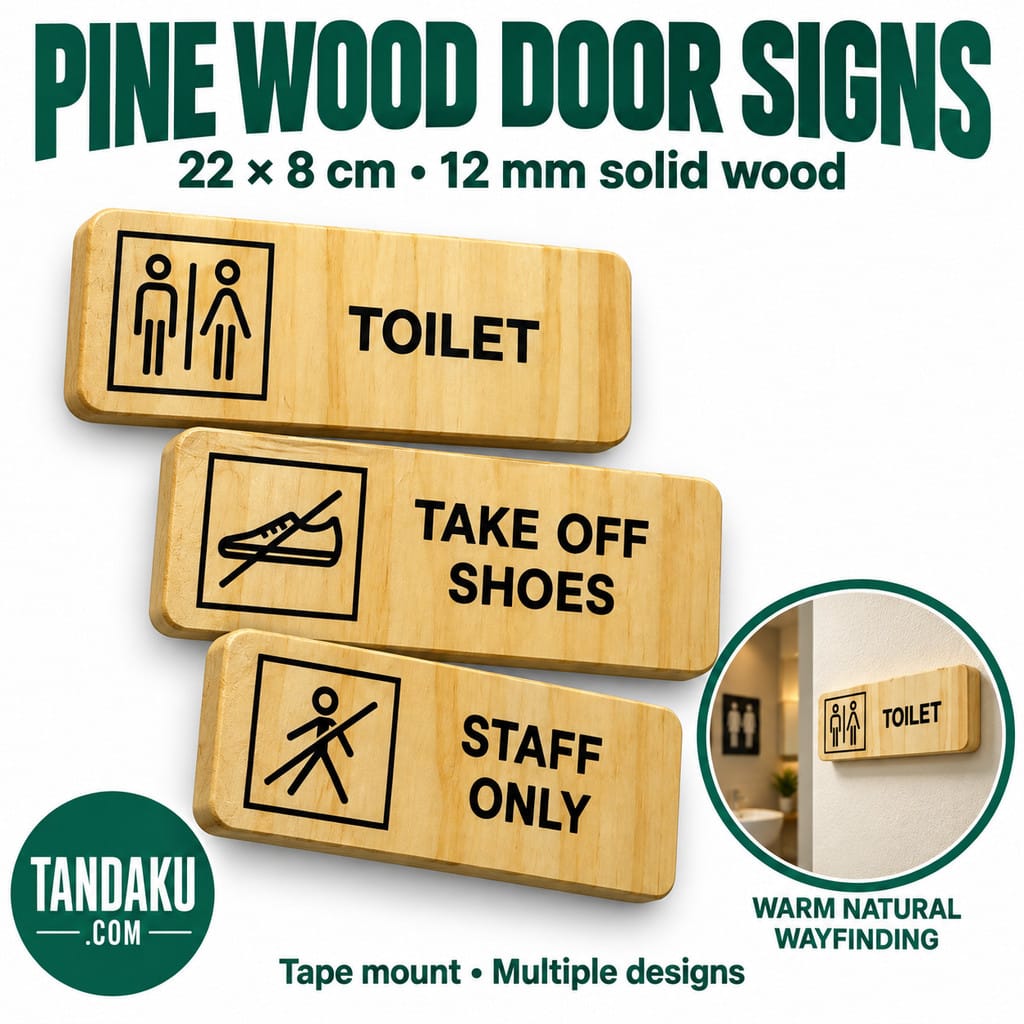 Tandaku.com Pine Wood Door Sign 22x8cm | 12mm Solid Wood Toilet Staff Only Office Signage