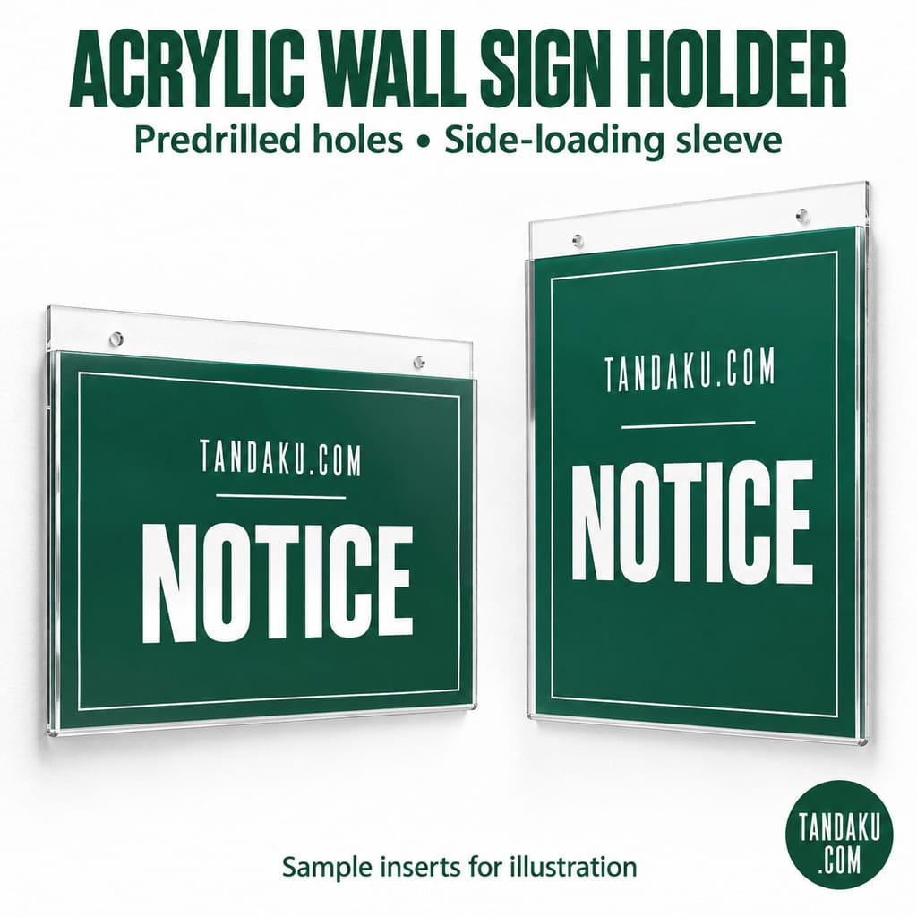 Tandaku.com Acrylic Wall Sign Holder with Screws A5 A4 A3 | Clear Menu & Certificate Display