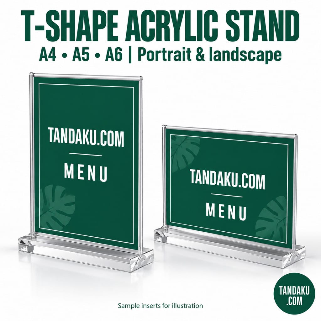 Tandaku.com T-Shape Acrylic Display Stand A4 A5 A6 | Clear Menu QR Holder Portrait Landscape