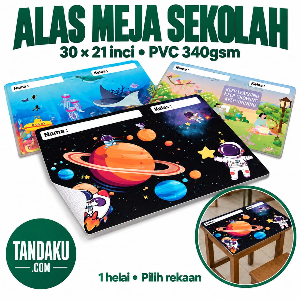 Tandaku.com Alas Meja Sekolah 30x21 Inci PVC 340gsm | Student Desk Cover Space Sea Learning Designs