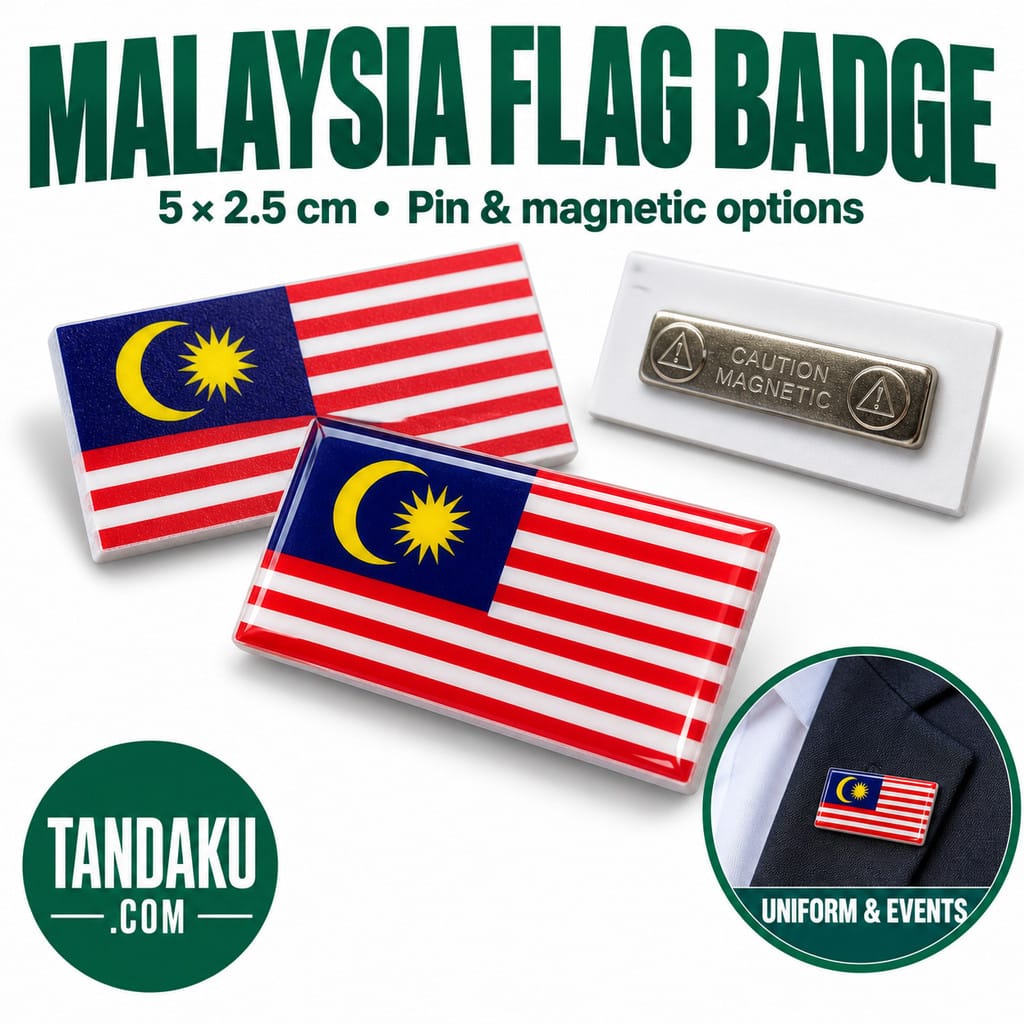 Tandaku.com Malaysia Flag Badge 5x2.5cm | School Uniform Pin or Magnet | Epoxy Options