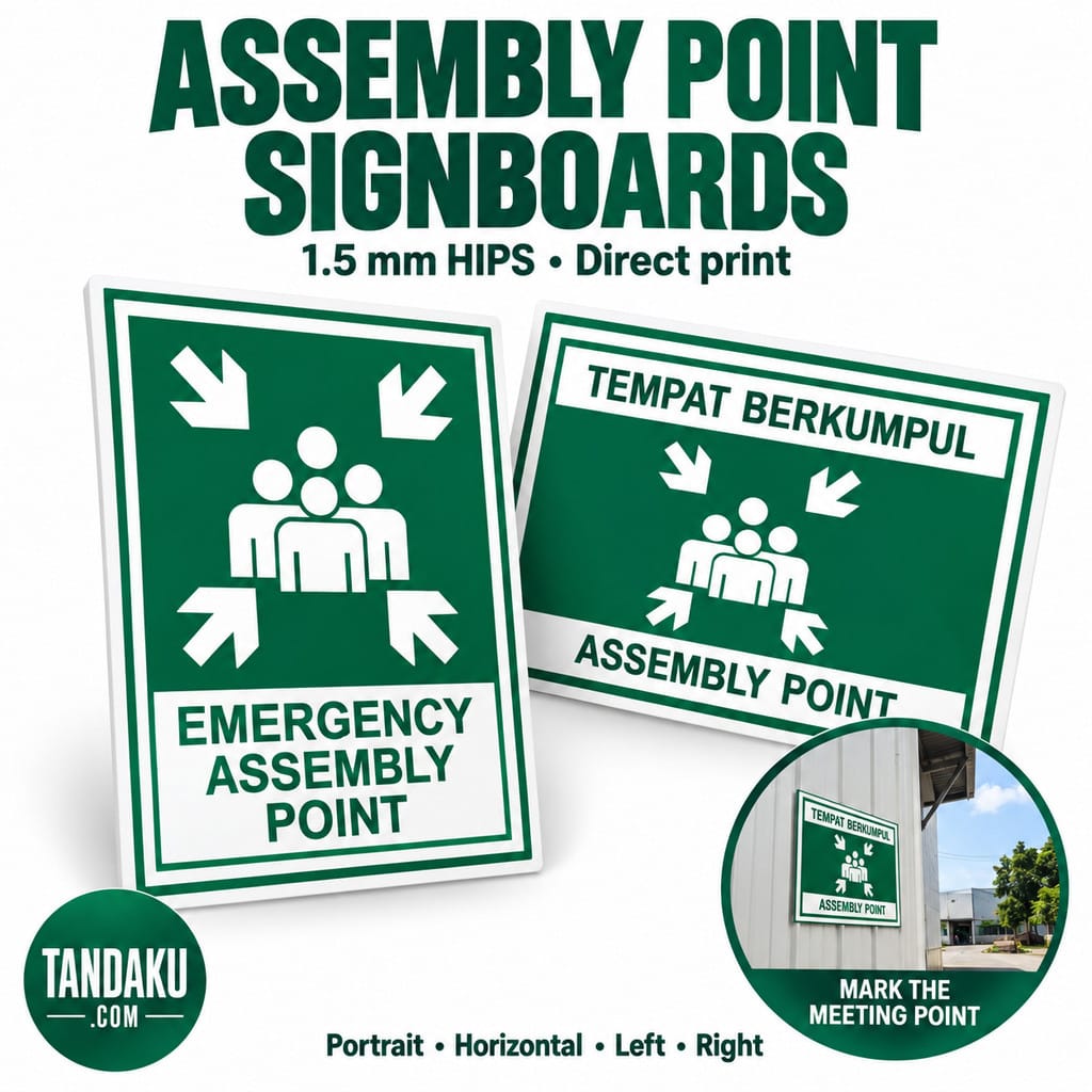 Tandaku.com Assembly Point Signboard | Tempat Berkumpul 1.5mm HIPS | Portrait Arrow Options