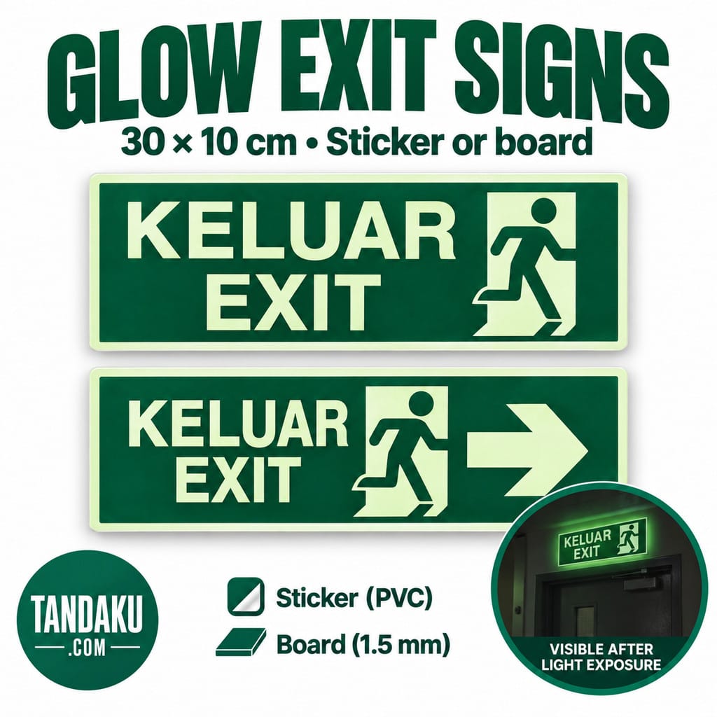 Tandaku.com Glow in the Dark Exit Sign 30x10cm | Keluar Direction Sticker or 1.5mm Board