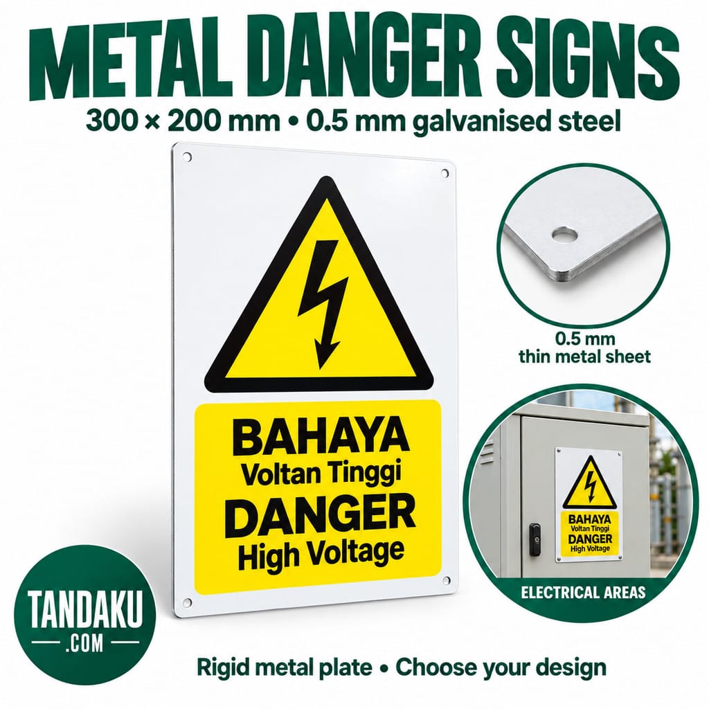 Tandaku.com Metal Danger Sign 300x200mm | Galvanised Steel Bahaya High Voltage No Admittance Plate