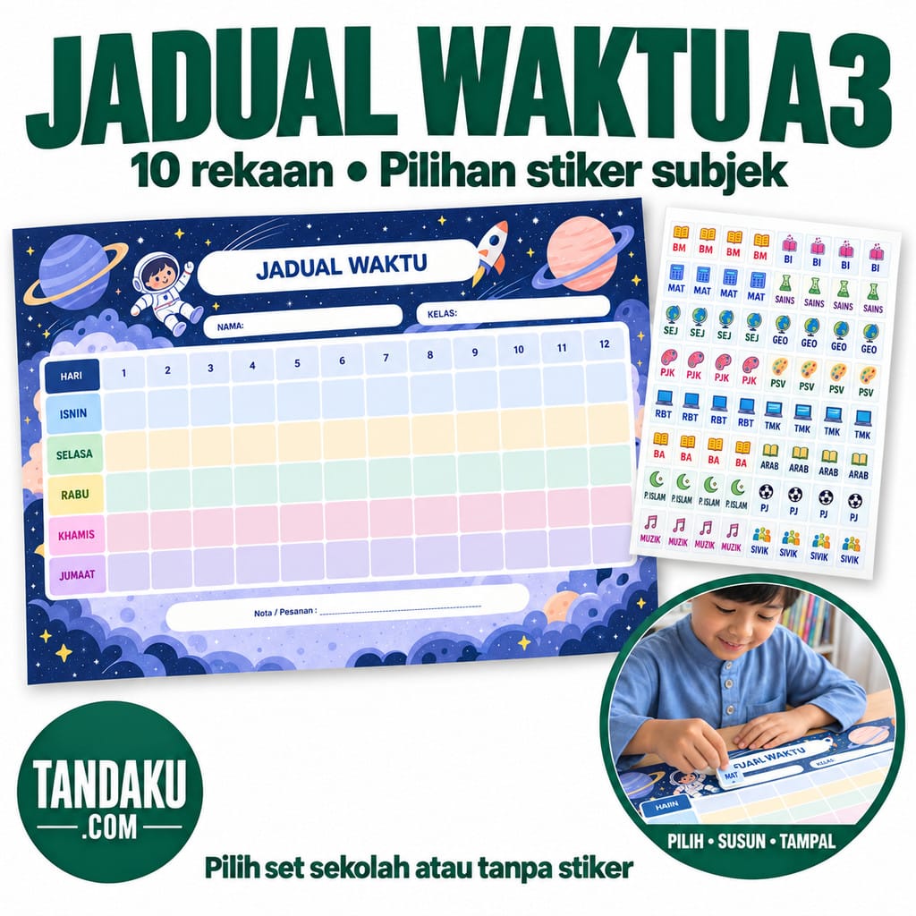 Tandaku.com Jadual Waktu A3 42x29.7cm | School Timetable with Subject Sticker Options SK SJKC SJKT