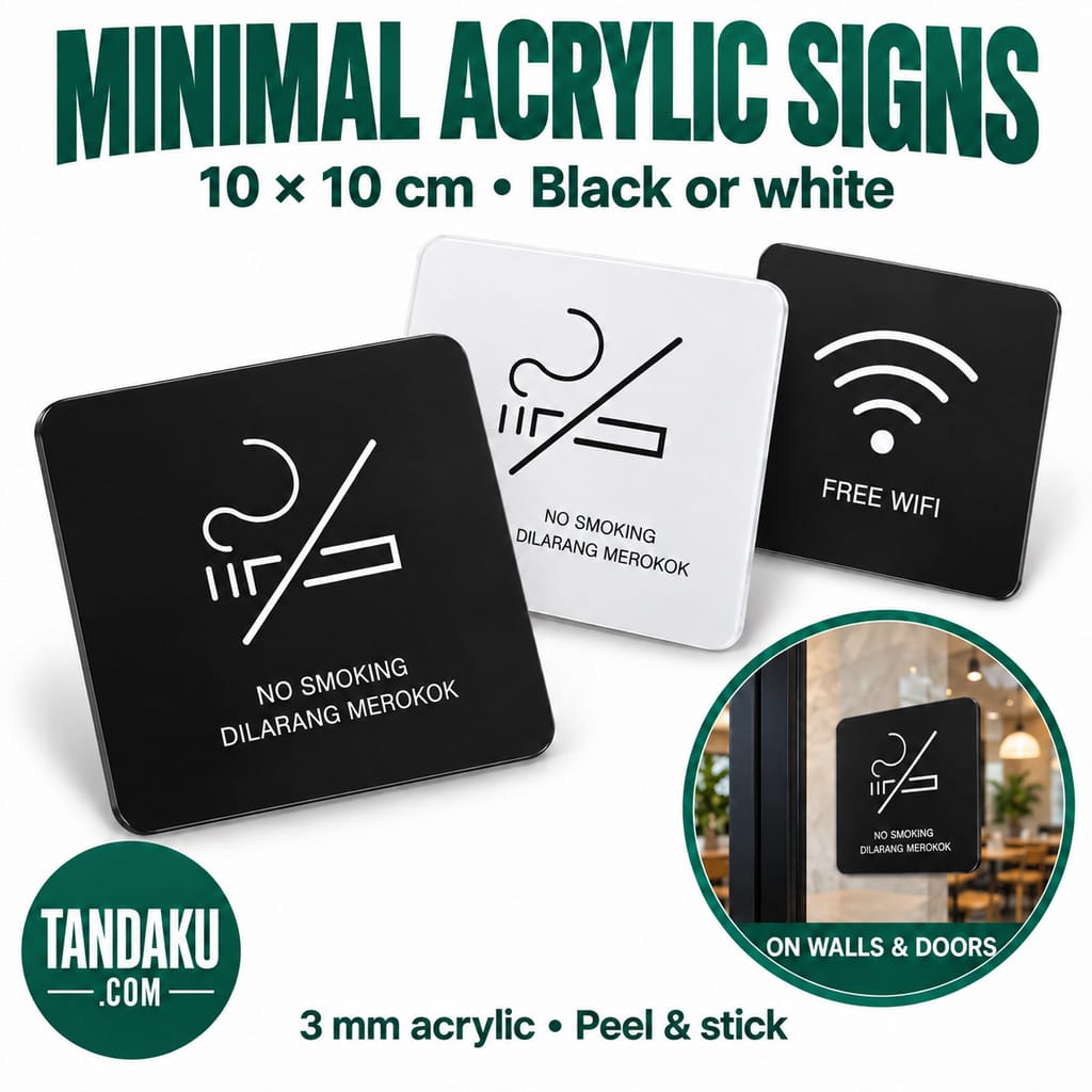 Tandaku.com Minimal Acrylic Sign 10x10cm | Black White No Smoking Toilet WiFi Push Pull Door Sign