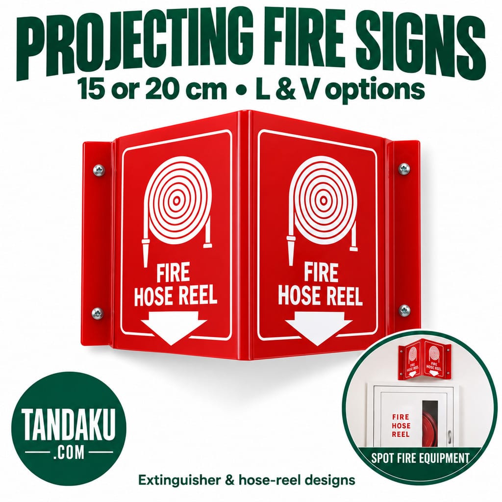 Tandaku.com Projecting Fire Extinguisher Hose Sign | L V Shape 3mm Red Acrylic | 15cm 20cm