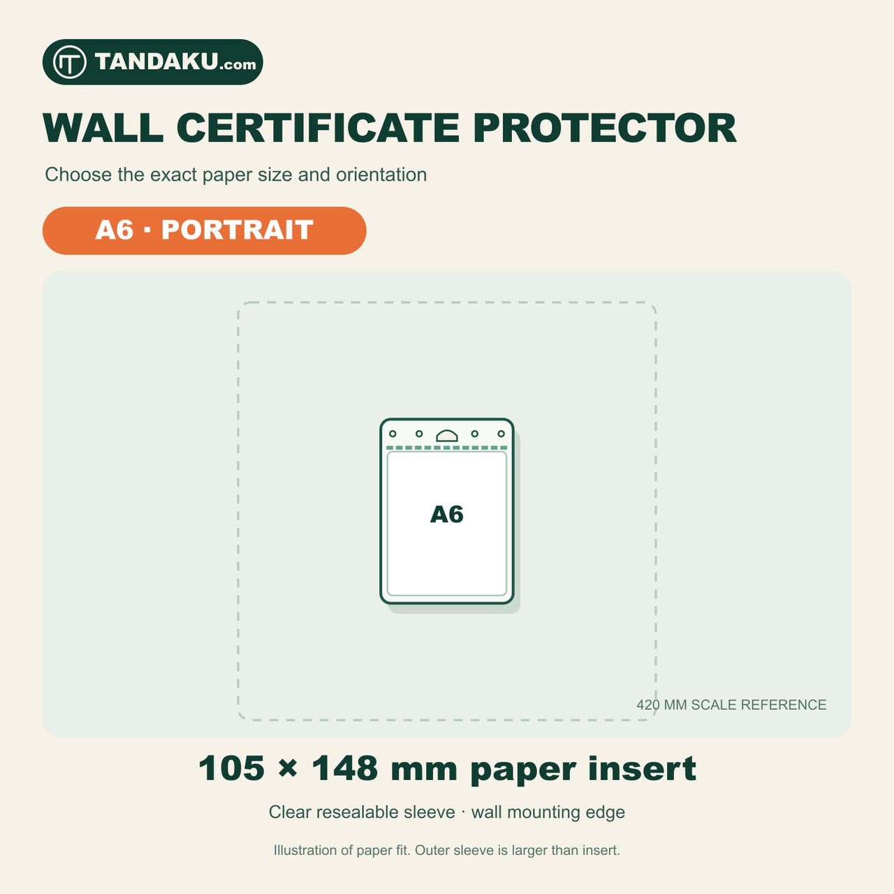 tandaku.com Wall Certificate Protector | Clear Sealable Sleeve A6 A5 A4 A3 — A6 · Portrait variation
