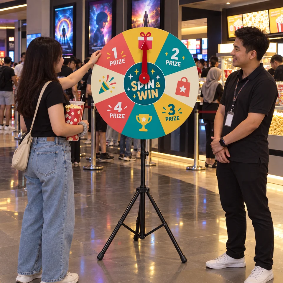 Cinema promotions: premium · adjustable arrow stand with a printed prize wheel, illustrative example