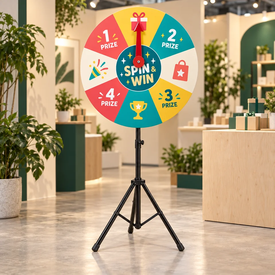 Exhibitions & roadshows: premium · adjustable arrow stand with a printed prize wheel, illustrative example