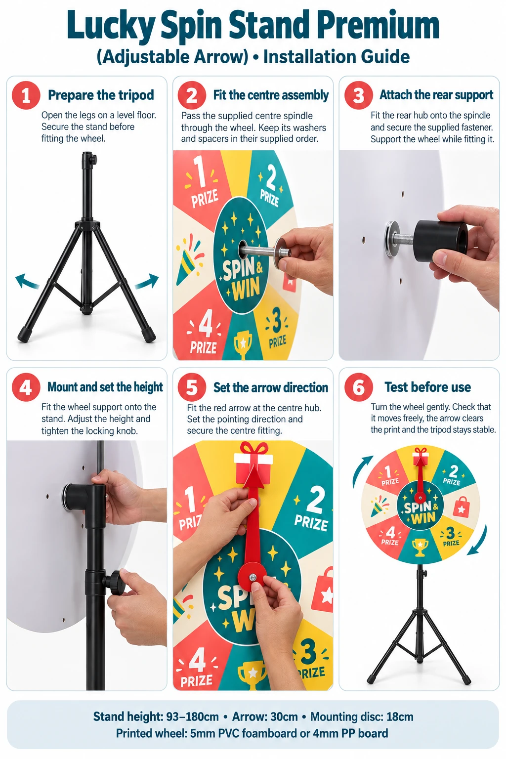English illustrated installation guide for Lucky Spin Stand Premium (Adjustable Arrow)