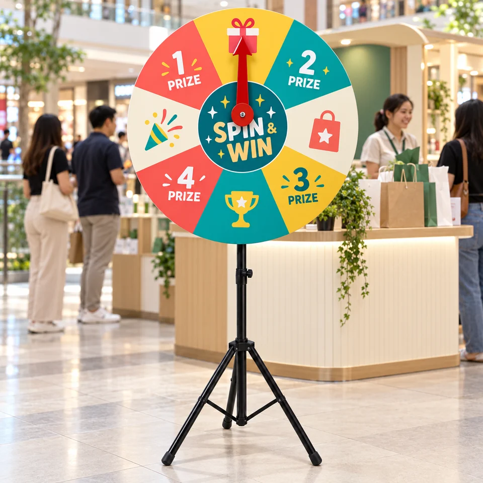 Mall events: premium · adjustable arrow stand with a printed prize wheel, illustrative example